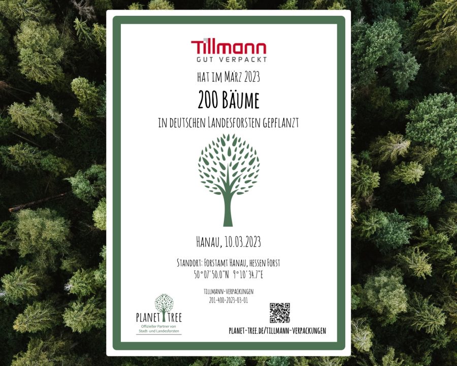 Bild zeigt ein Zertifikat von Planet Tree für Tillmann Verpackungen für das pflanzen von 200 Bäumen in deutschen Landesforsten.